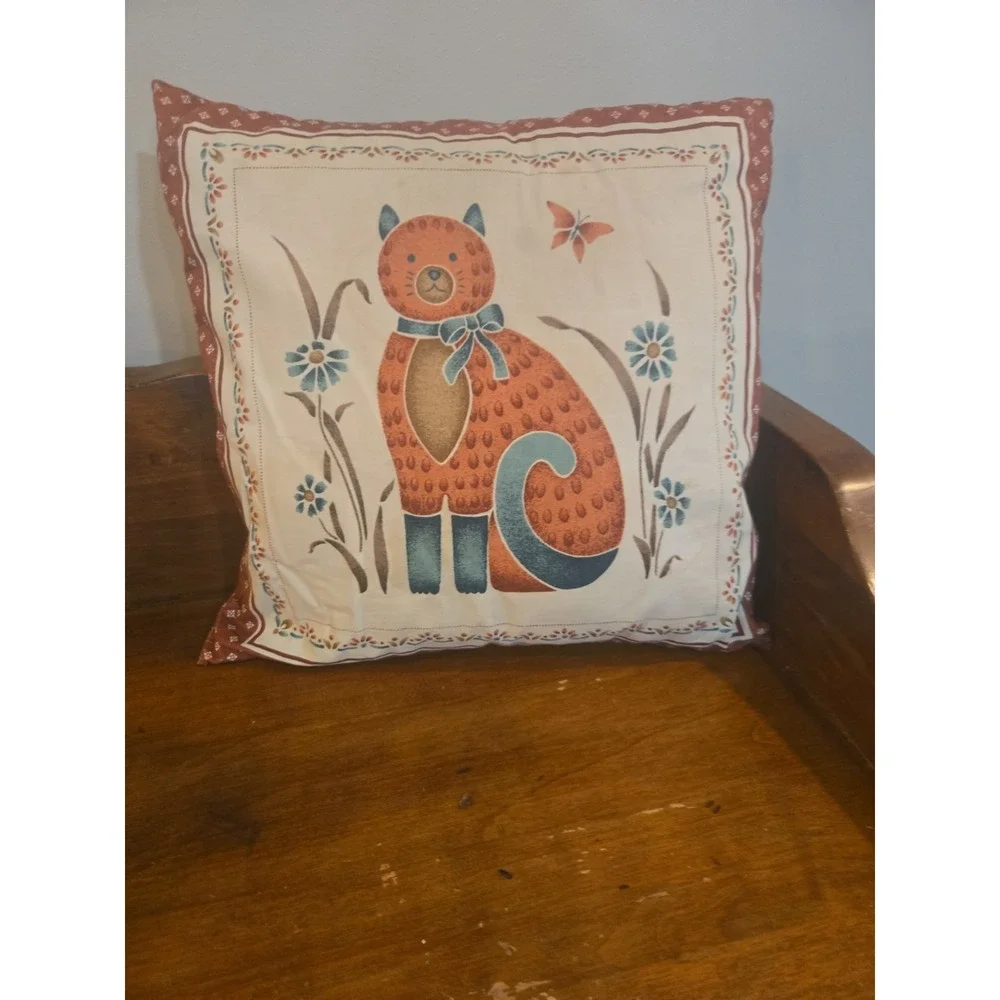 Vintage Kitschy Stencil Cat Pillow Square Ditsy 90s Colors Butterfly